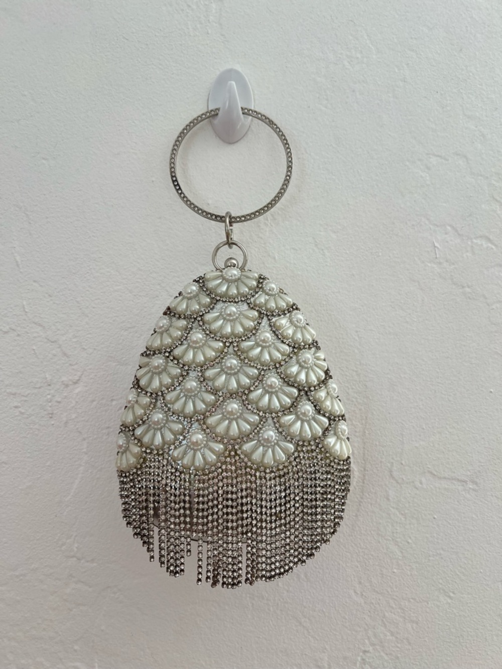 Rhinestone Beaded Silver Clutch With Circular Wrist Strap perfect for Prom